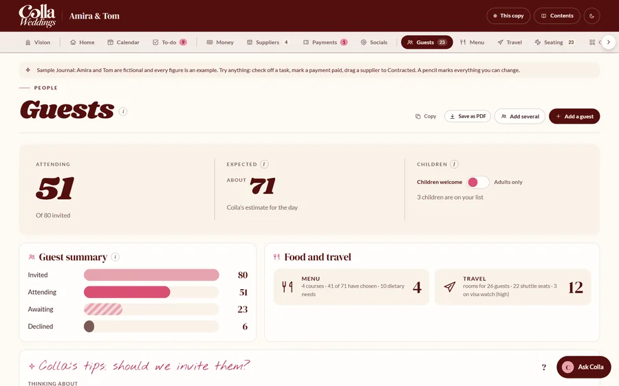 The guest list in the sample Journal, with RSVP, meal choices and table for each guest.