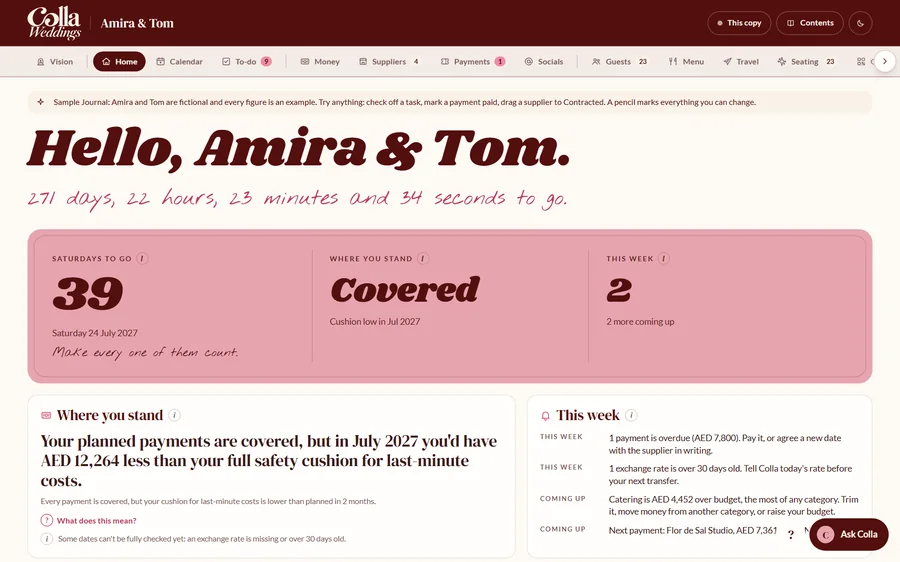 The Home page of a sample Wedding Journal: Hello, Amira and Tom, 39 Saturdays to go, and one sentence on where the money stands.